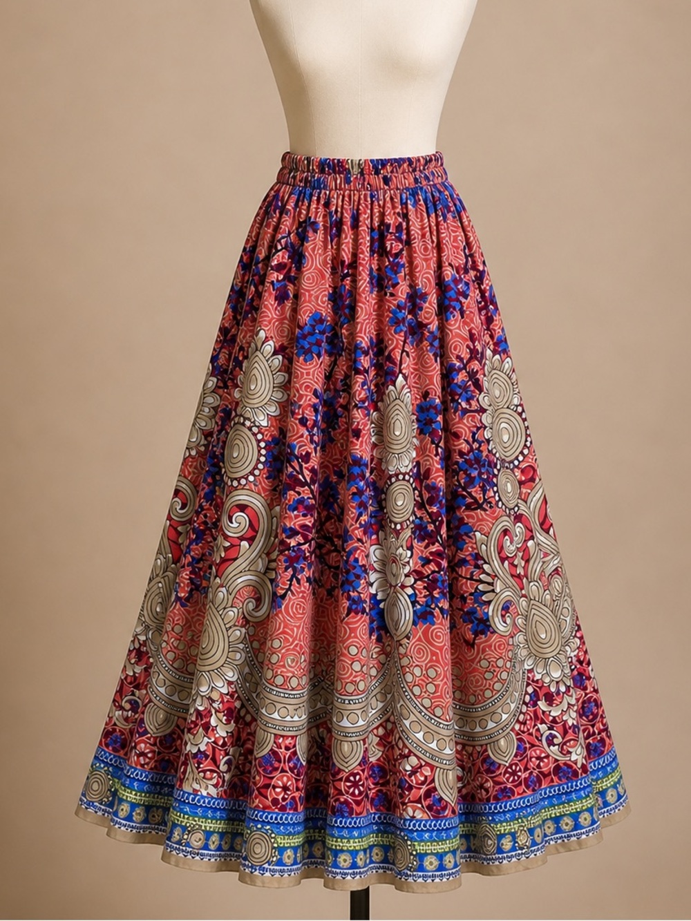 Bohemian Coral Floral Maxi Skirt with Blue Accents
